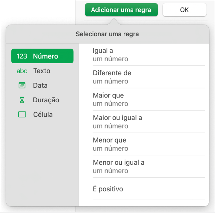 Tipos de regras de destaque de célula.