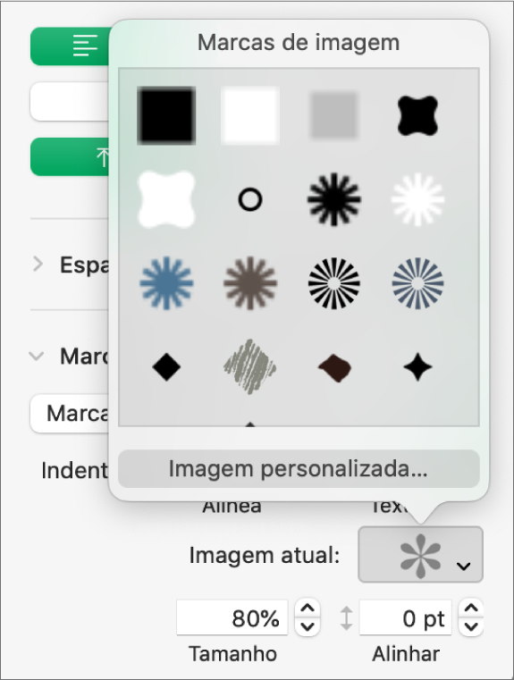 Menu pop-up “Marcas de imagem”.