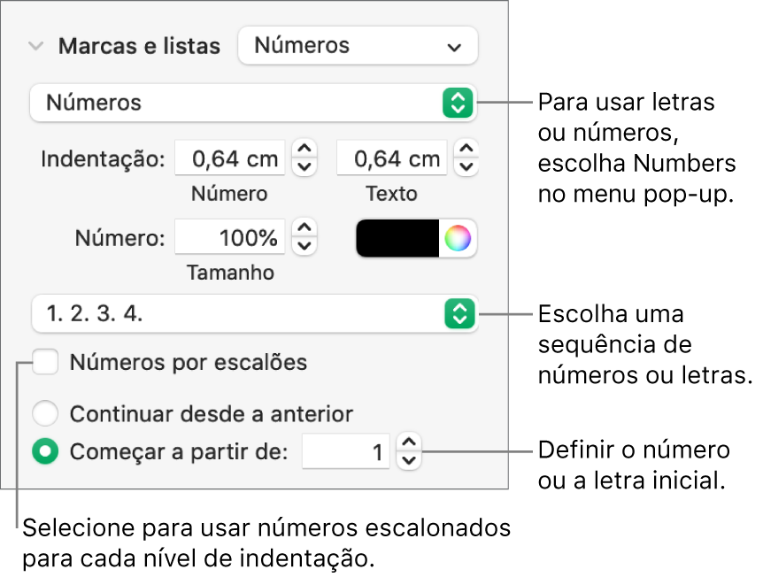 Controlos para alterar o estilo de número e o espaçamento de uma lista.