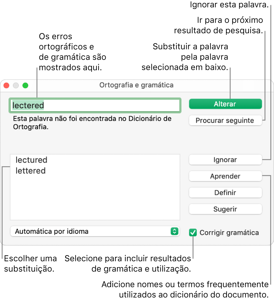 A janela “Ortografia e gramática”.