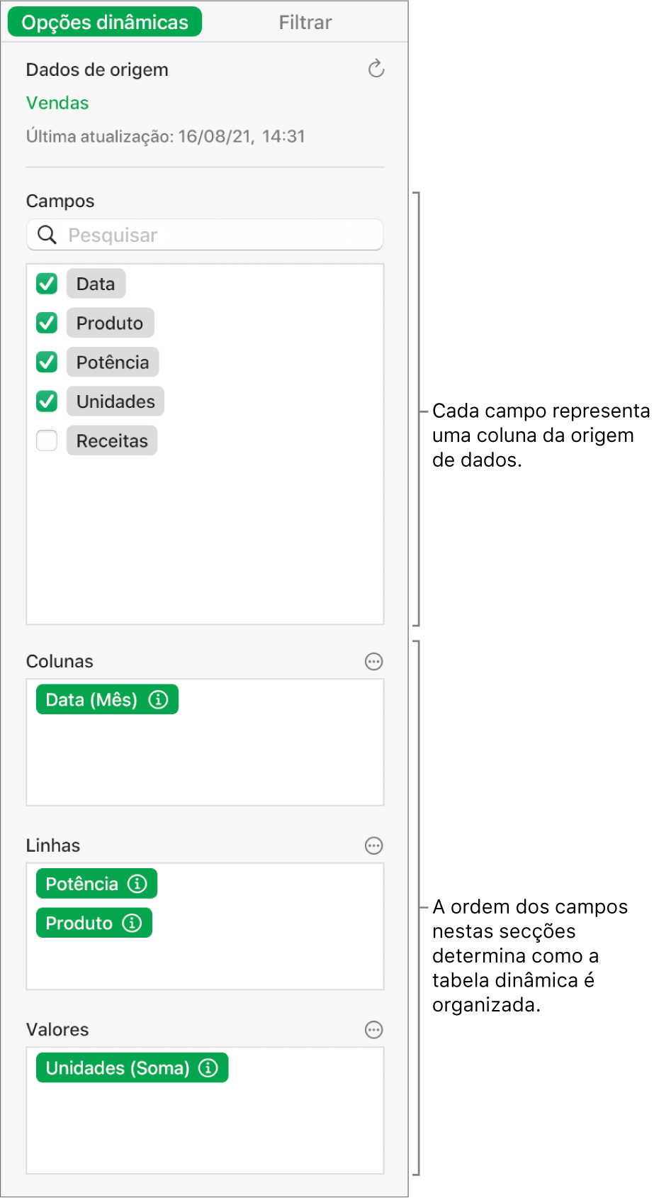 O menu Opções dinâmicas a mostrar campos nas secções Colunas, Linhas e Valores, bem como os controlos para editar os campos e atualizar a tabela dinâmica.