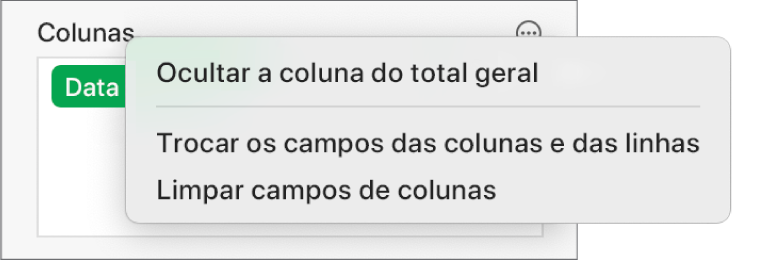 O menu Mais opções do campo, a mostrar os controlos que permitem ocultar os totais gerais, trocar os campos das colunas e das linhas e limpar campos.