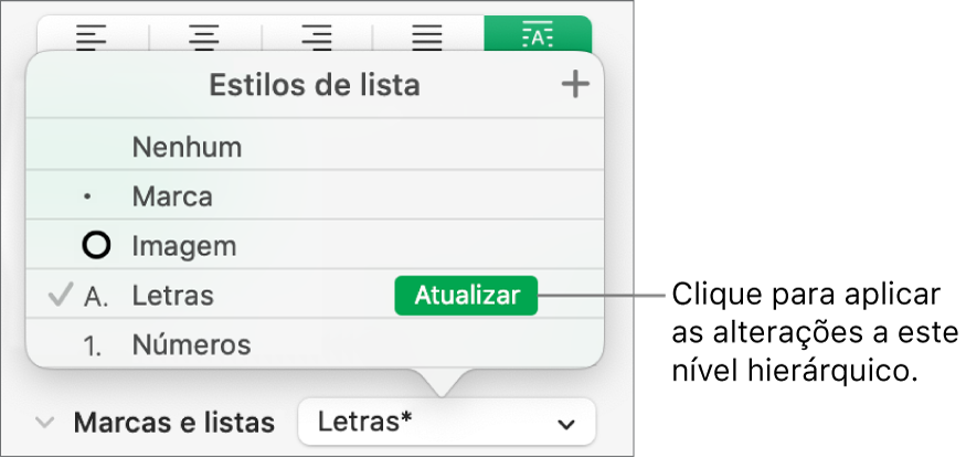 O menu pop-up “Estilos de lista” com um botão Atualizar junto ao nome do novo estilo.