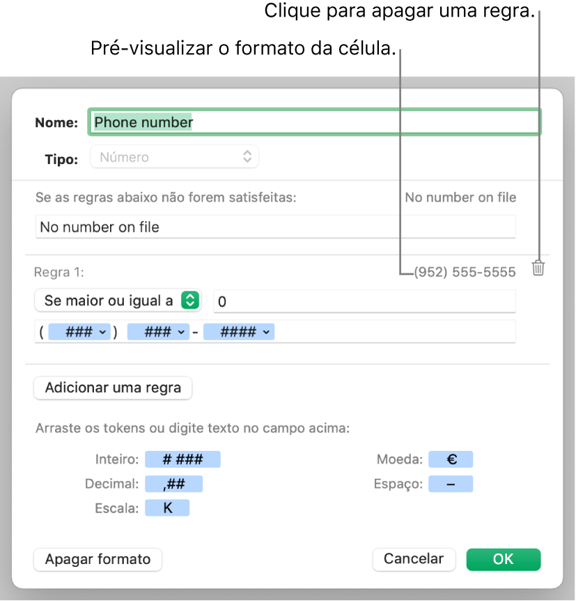 Formato de célula de número personalizada com regras.