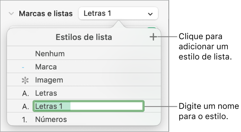 O menu pop-up “Estilos de lista” com um botão Adicionar no canto superior direito e um nome de estilo do marcador de posição com o respetivo texto selecionado.