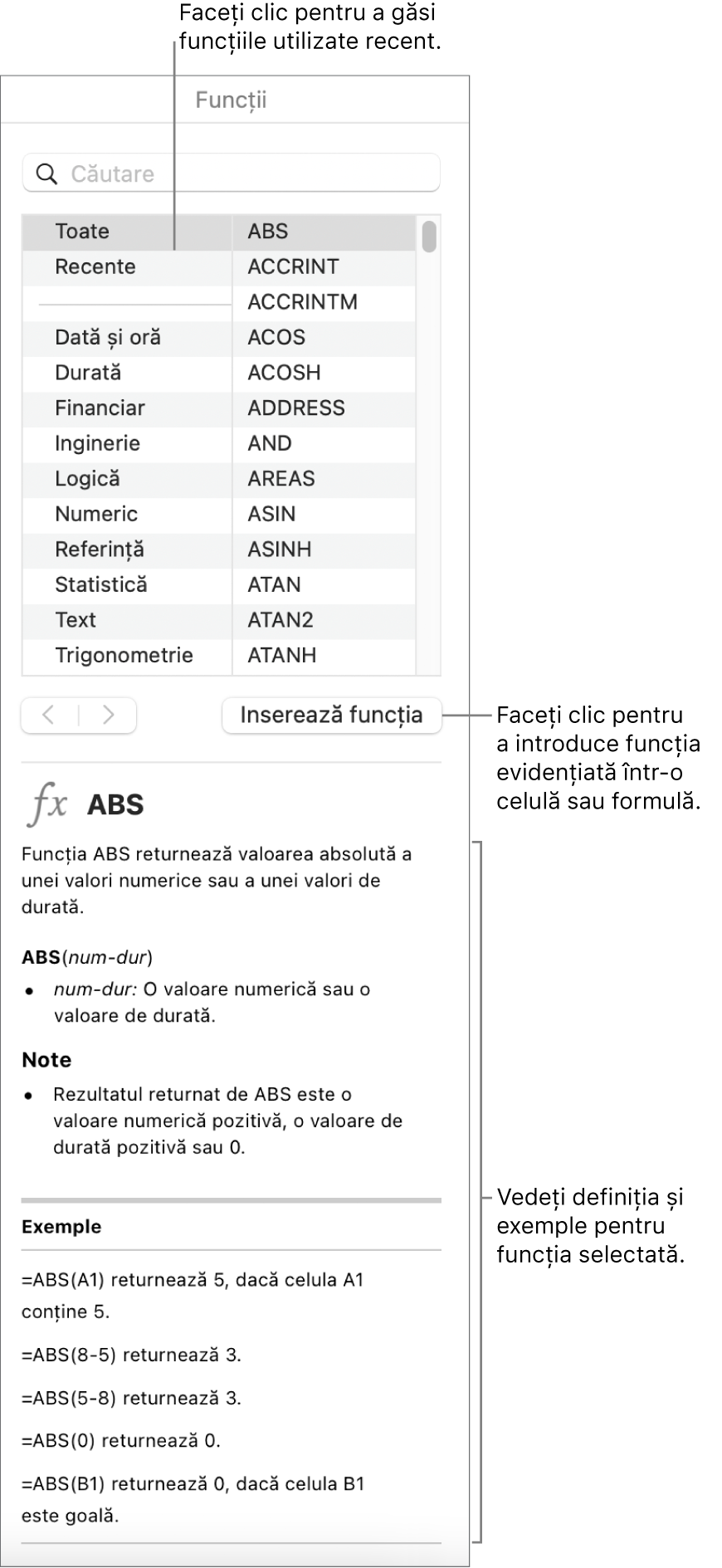 Browserul de funcții cu explicații despre funcțiile utilizate recent, butonul Inserează o funcție și definiția funcției.
