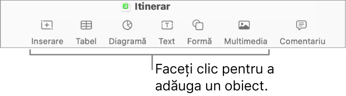 Bara de instrumente Numbers cu butoanele Tabel, Diagramă, Text, Formă și Multimedia.