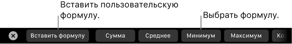 Панель Touch Bar на MacBook Pro. Показаны элементы управления для вставки произвольной формулы и выбора часто используемых формул.