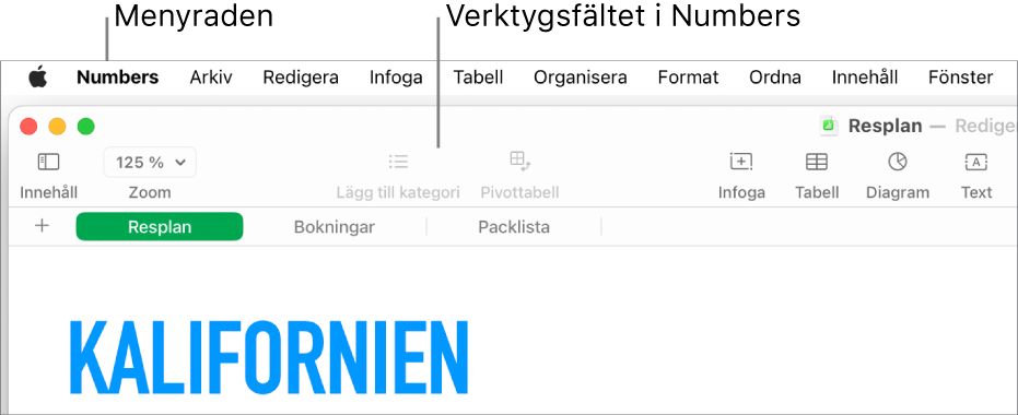 Menyraden överst på skärmen med menyerna Apple, Numbers, Arkiv, Redigera, Infoga, Format, Ordna, Innehåll, Dela, Fönster och Hjälp. Nedanför menyraden visas ett öppet Numbers-kalkylblad med knappar i verktygsfältet överst för vy, zooma, lägga till kategori, infoga, tabell, diagram, text, form, media och kommentar.