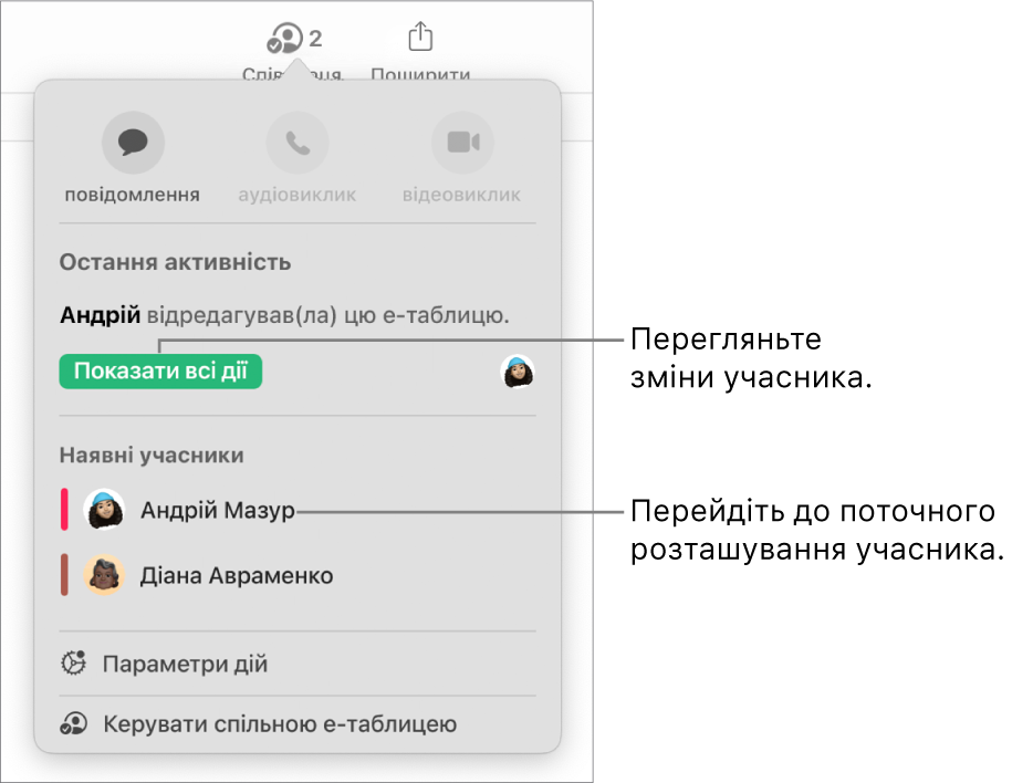 Меню «Співпраця», у якому зазначені двоє поточних учасників.