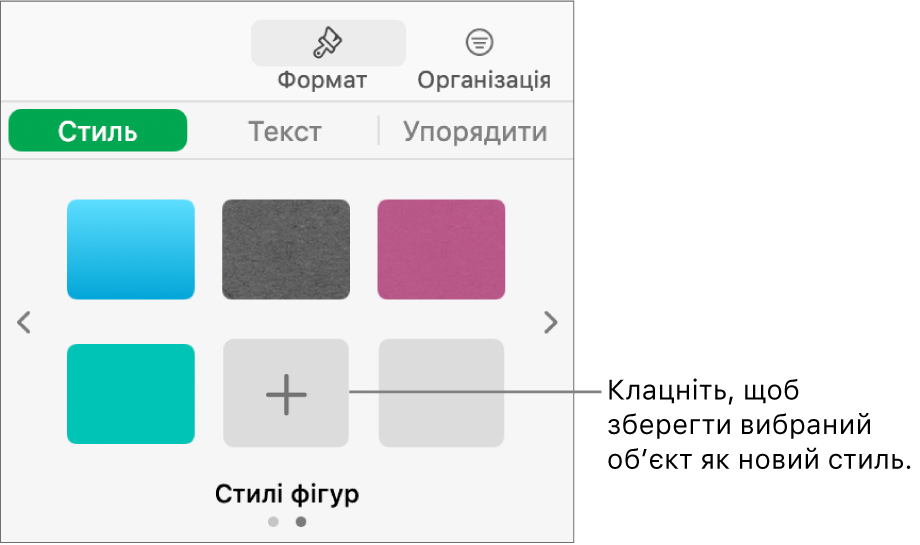 Вкладка «Стиль» на бічній панелі «Формат», чотири стилі зображення, кнопка «Створити стиль» і пустий зразок стилю.