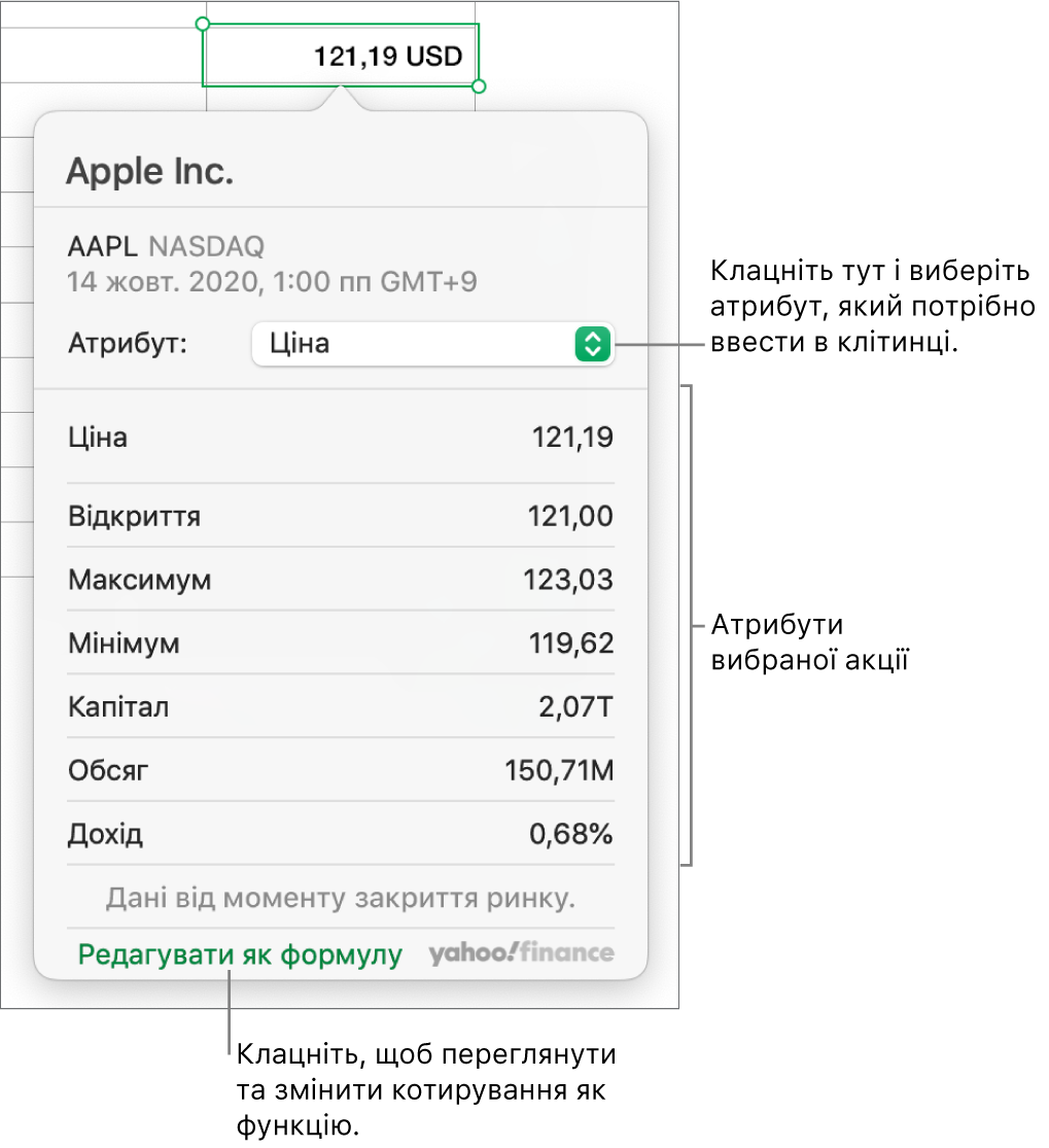 Діалогове вікно атрибутів акції, у якому вибрано акції Apple.