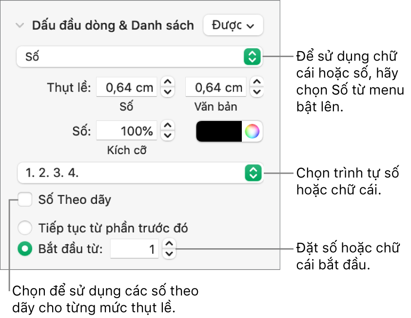 Các điều khiển để thay đổi kiểu số và khoảng cách của danh sách.