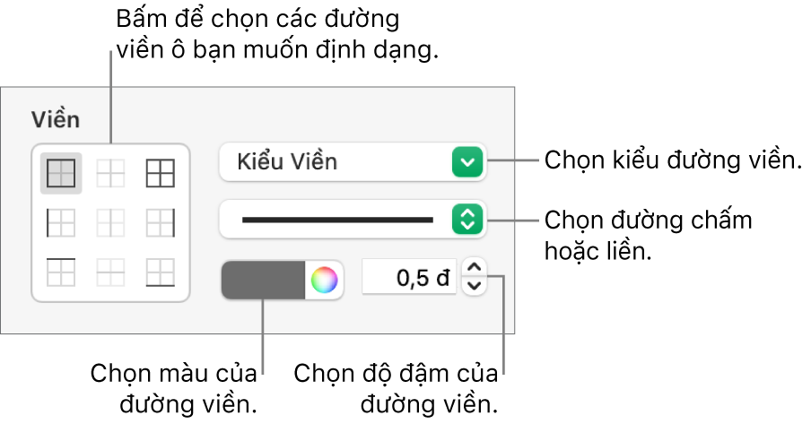 Các điều khiển để tạo kiểu đường viền ô.