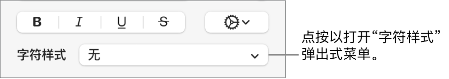 用于更改文本样式和颜色的控制下方的“字符样式”弹出式菜单。
