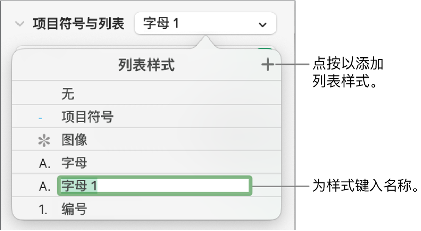“列表样式”弹出式菜单，其中“添加”按钮位于右上角，占位符样式名称的文本被选中。