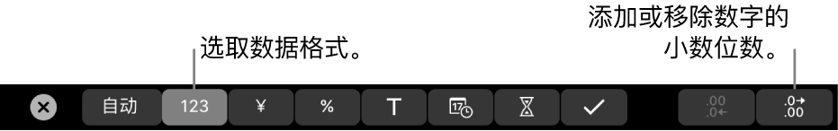 MacBook Pro 触控栏，带有选取数据格式以及添加或移除数字中的小数位的控制。