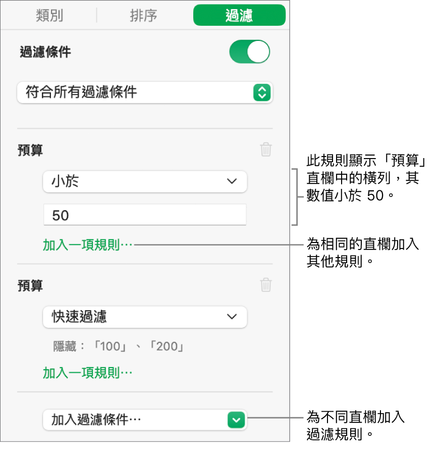 製作過濾規則的控制項目。