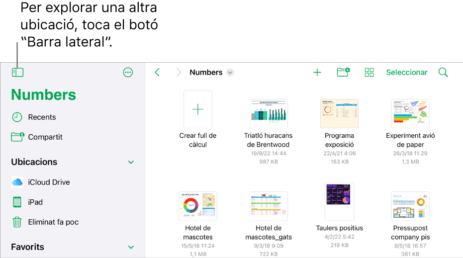 Vista d’exploració del gestor de fulls de càlcul amb el botó “Barra lateral” a l’angle superior esquerre. A la part superior dreta, hi el els botons “Afegir”, “Nova carpeta” i “Icones” (per poder ordenar per nom, data, mida o etiqueta) i els botons “Seleccionar” i “Buscar”.