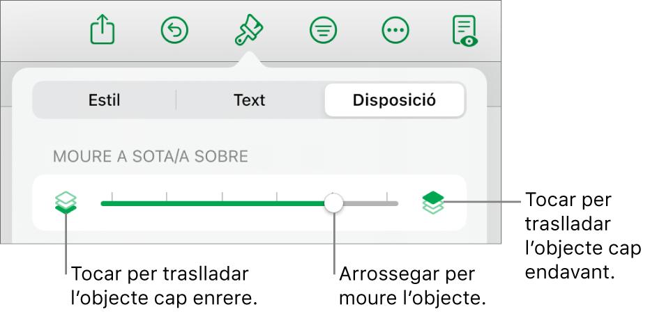 El botó de retrocedir, el botó d’avançar i el regulador de capes.