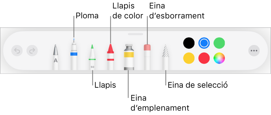 La barra d’eines de dibuix, amb una ploma, un llapis, un llapis de colors, l’eina d’emplenament, l’eina d’esborrament, l’eina de selecció i la paleta de colors que mostra el color actual. A l’extrem dret hi ha el botó del menú Més.