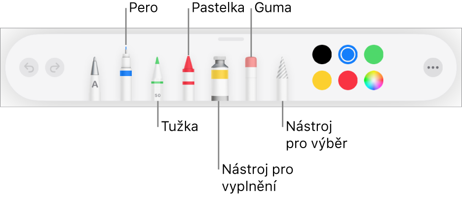 Panel nástrojů pro kreslení obsahující pero, tužku, pastel, nástroj výplň, nástroj pro výběr, gumu a výběr barev, který zobrazuje aktuální barvu. Úplně napravo se nachází tlačítko nabídky Více