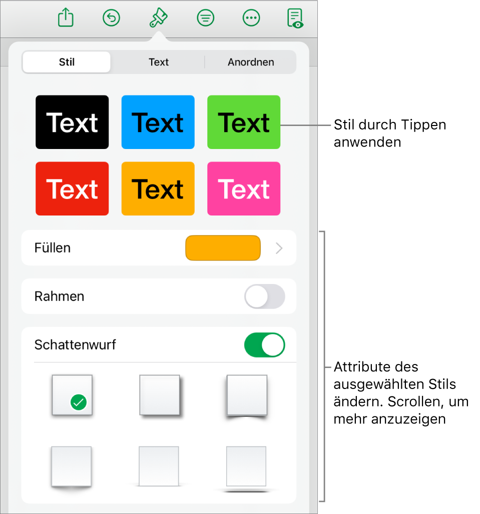 Der Tab „Stil“ des Menüs „Format“ mit Formstilen oben und Steuerelementen zum Ändern der Füllung, des Rahmens und des Schattens darunter.