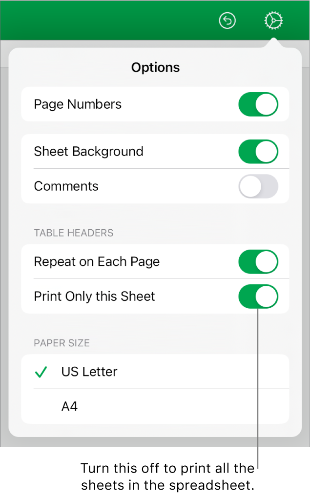 The print preview pane, with controls for showing page numbers, repeating headers on each page, changing the paper size and choosing to print the entire spreadsheet or only the current sheet.