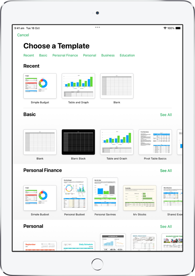 The template chooser, showing a row of categories across the top that you can tap to filter the options. Below are thumbnails of predesigned templates arranged in rows by category, starting with Recent at the top and followed by Basic and Personal Finance. A See All button appears above and to the right of each category row. The Language and Region button is in the top-right corner.