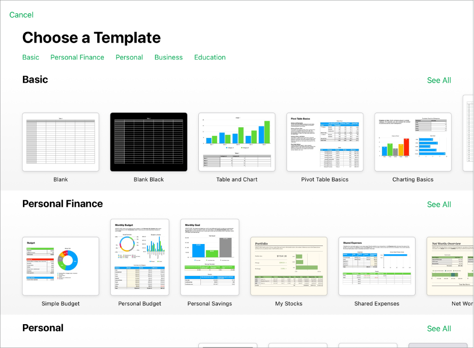 The template chooser, showing a row of categories across the top that you can tap to filter the options. Below are thumbnails of predesigned templates arranged in rows by category, starting with Recents at the top and followed by Basic and Personal Finance. A See All button appears above and to the right of each category row.