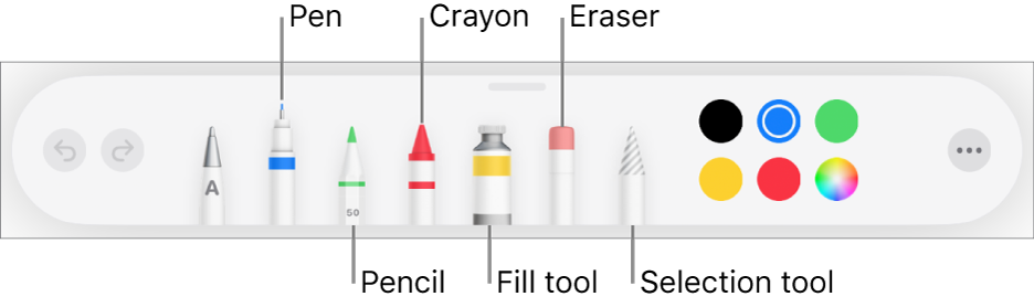 The drawing toolbar with a pen, pencil, crayon, fill tool, eraser, selection tool, and color well showing the current color. On the far right is the More menu button