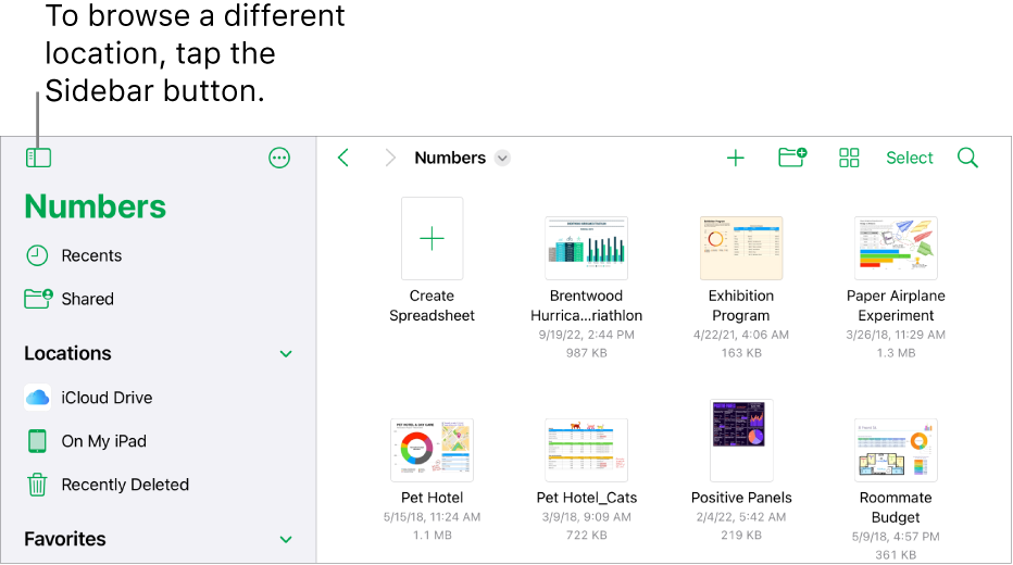 The browse view of the spreadsheet manager with the Sidebar button in the top-left corner. At the top right are the Add button, the New Folder button, the Icons button (to sort by name, date, size, or tag), the Select button, and the Search button.