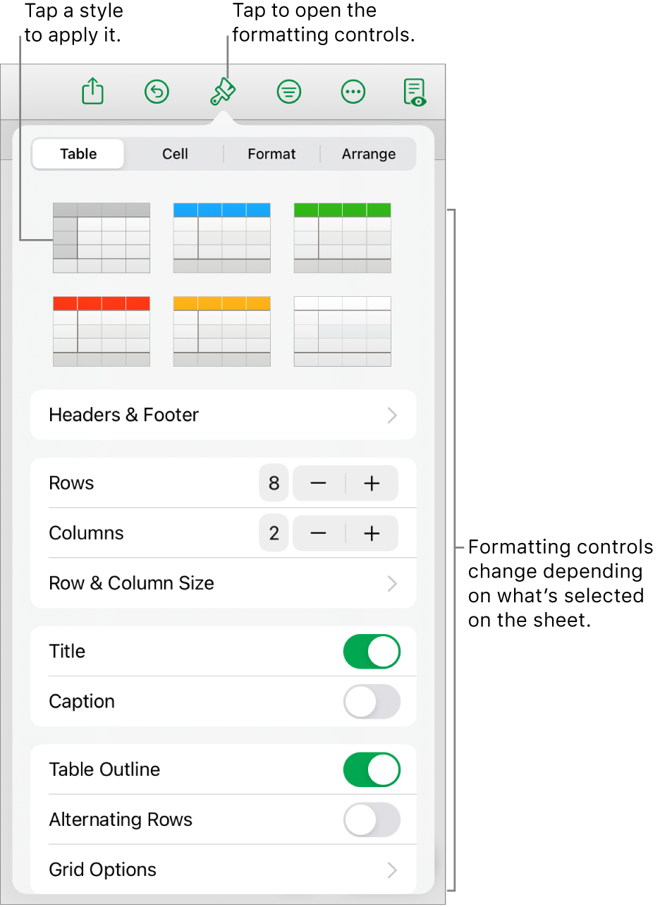 The Table pane of the Format button.