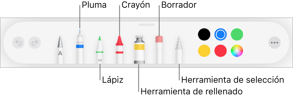 La barra de herramientas de dibujo con bolígrafo, lápiz, crayón, herramienta de rellenado, goma de borrar, herramienta de selección y la paleta de colores mostrando el color actual. El botón del menú Más está en el extremo derecho.