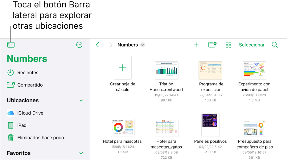 La vista de exploración del administrador de hojas de cálculo con el botón Barra lateral en la esquina superior izquierda. En la parte superior derecha están el botón Agregar, el botón Nueva carpeta, el botón Íconos (para ordenar por nombre, fecha, tamaño o etiqueta), el botón Seleccionar y el botón Buscar.
