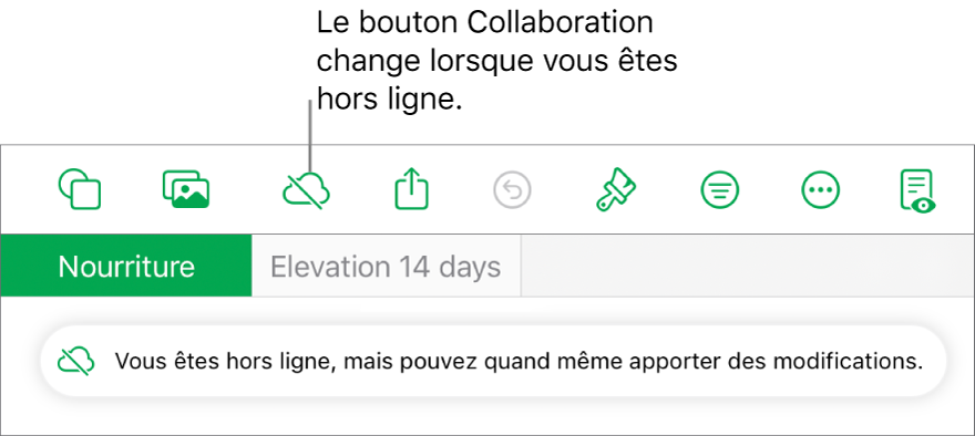 Les boutons en haut de l’écran, avec le bouton Collaboration qui se transforme en un nuage traversé par une ligne diagonale. Une alerte à l’écran indique « Vous êtes hors ligne, mais pouvez quand même apporter des modifications ».