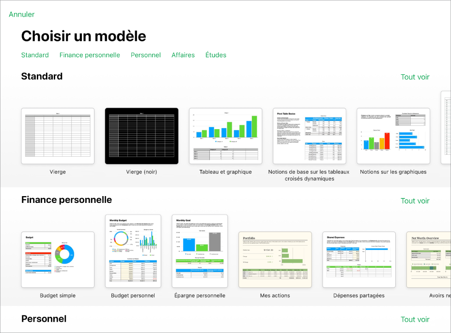 La liste de modèles, avec un rang de catégories en haut que vous pouvez toucher pour filtrer les options. En dessous, vous trouverez les vignettes des modèles prédéfinis disposées en rangs par catégorie, en commençant par Récents en haut, puis Standard et « Finance personnelle ». Un bouton Tout afficher apparaît à droite au-dessus du rang de chaque catégorie.