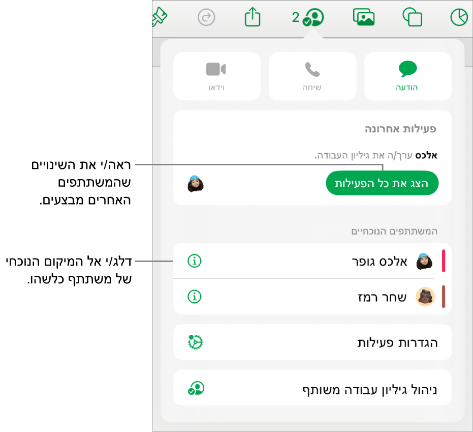 תפריט ״שיתוף פעולה״ שרואים בו משתתפים פעילים כעת.