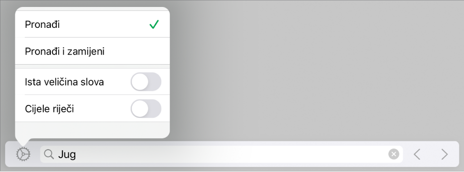 Izbornik s opcijama pretraživanja Nađi, Nađi i zamijeni, Uskladi veličinu slova i Cijele riječi.