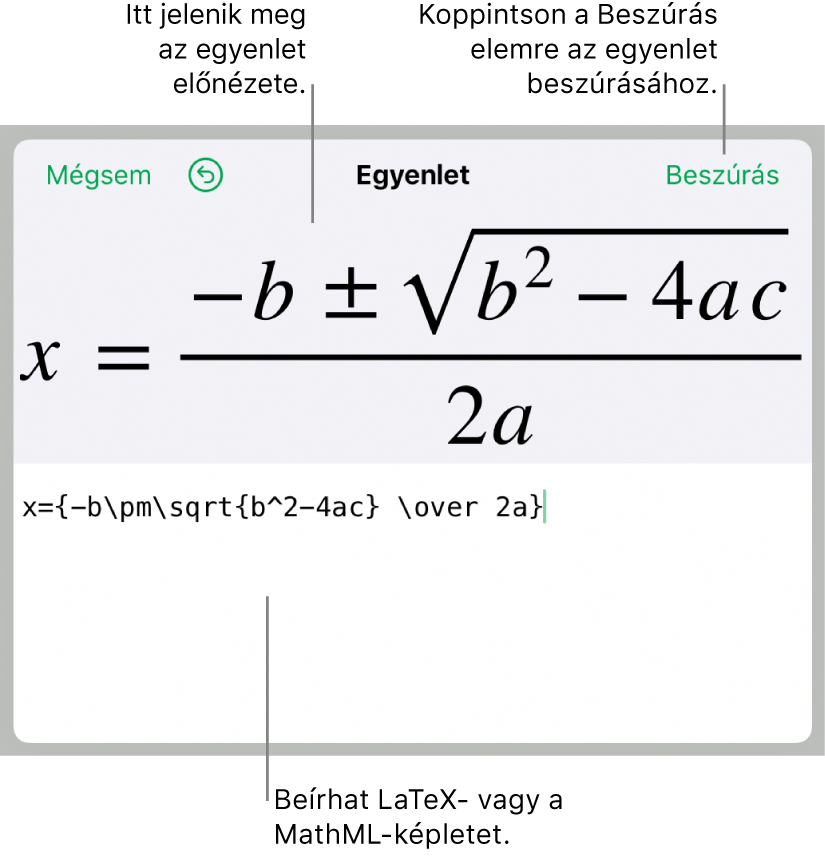 A LaTeX használatával írt másodfokú egyenlet megoldóképlete az Egyenlet mezőben és az egyenlet előnézete alul.