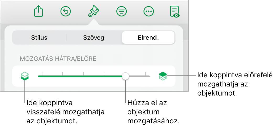 Visszafelé mozgatás gomb, Mozgatás előre gomb és a rétegezés csúszka.