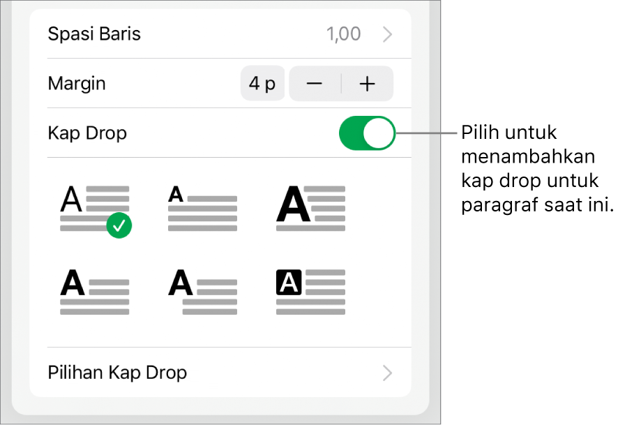 Kontrol Kap Drop terletak di bagian bawah menu Teks.