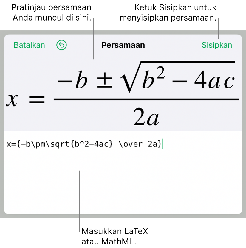 Formula kuadratik yang ditulis menggunakan LaTeX di bidang Persamaan, dan pratinjau formula di bawah ini.