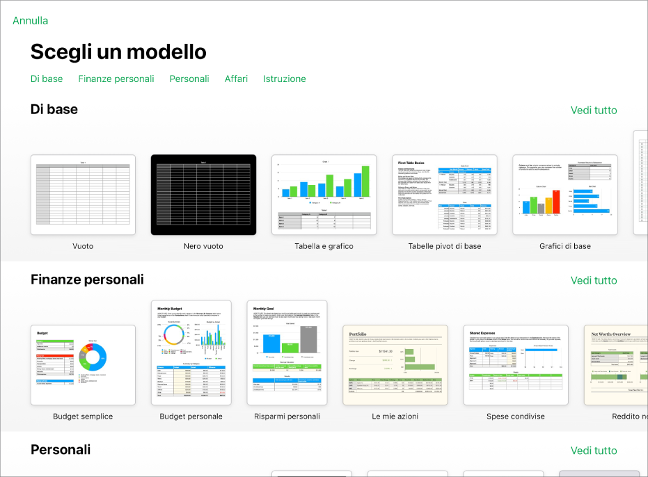 “Scelta modelli”, in cui è visibile una riga di categorie nella parte superiore dello schermo che puoi toccare per filtrare le opzioni. Sotto si trovano miniature dei modelli con design predefinito, ordinati in righe per categoria.