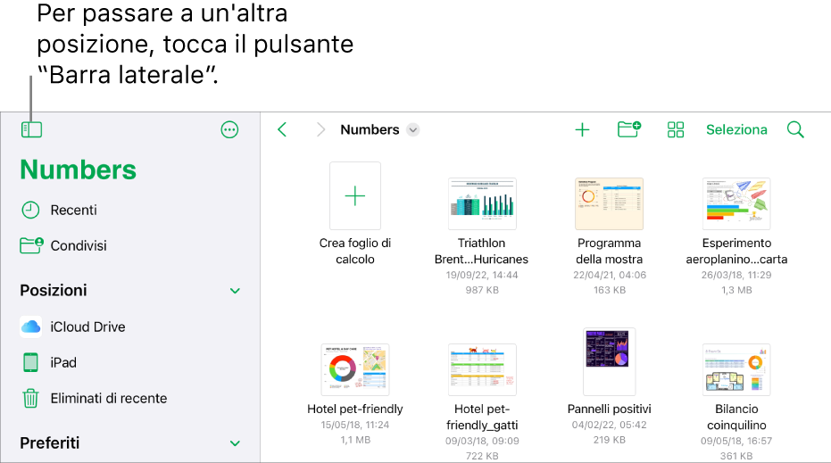 La vista Sfoglia nella gestione del foglio di calcolo con il pulsante “Barra laterale” nell'angolo in alto a sinistra. Il pulsante Aggiungi, “Nuova cartella”, i pulsanti Icone (per ordinare per nome, data, dimensioni o tag), il pulsante Seleziona e Cerca si trovano in alto a destra.