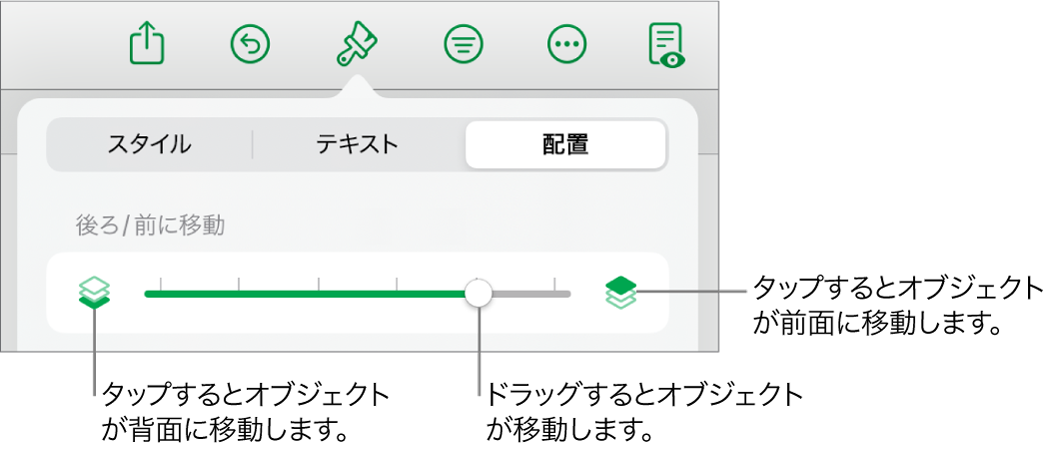 後ろに移動ボタン、前に移動ボタン、およびレイヤーのスライダ。