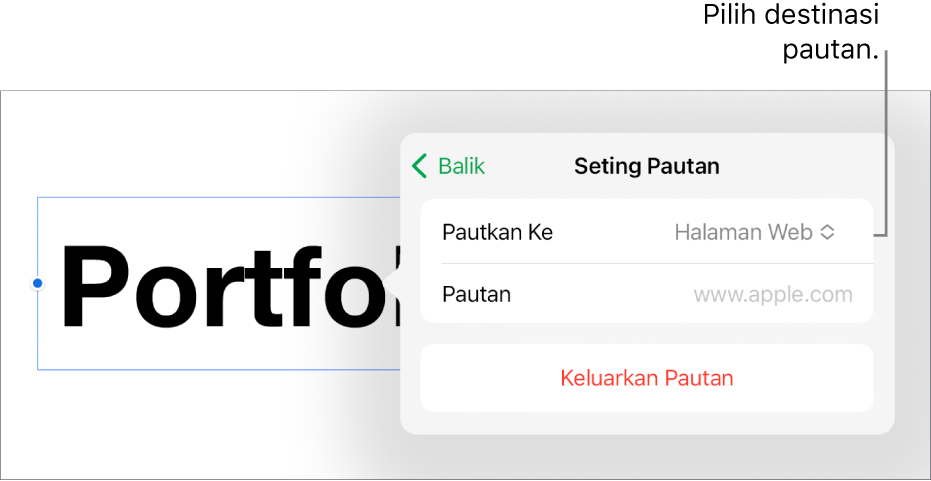 Kawalan Seting Pautan dengan Halaman Web dipilih dan butang Keluarkan Pautan di bahagian bawah.