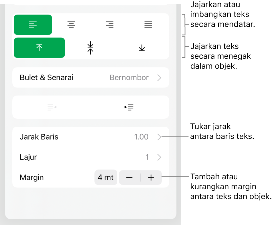 Bahagian Tataletak pada Pemeriksa Format dengan petak bual ke butang penjajaran dan jarak teks.