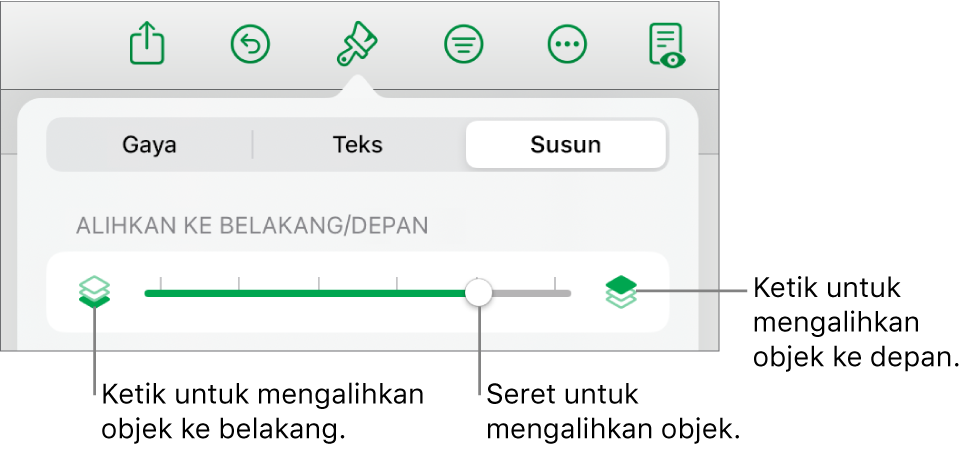 Butang Bergerak Ke Depan, butang Bergerak Ke Belakang dan gelangsar lapisan.
