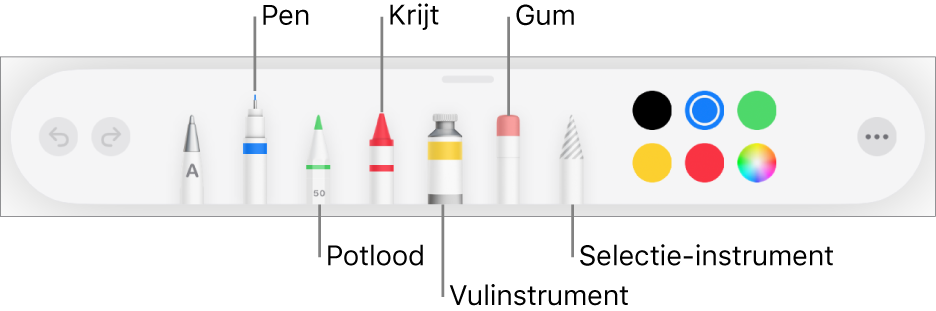 De knoppenbalk voor tekenen met een pen, potlood, krijt, vulinstrument, gum en selectie-instrument en een kleurenvak met de huidige kleur. Helemaal rechts staat de knop voor het menu 'Meer'.